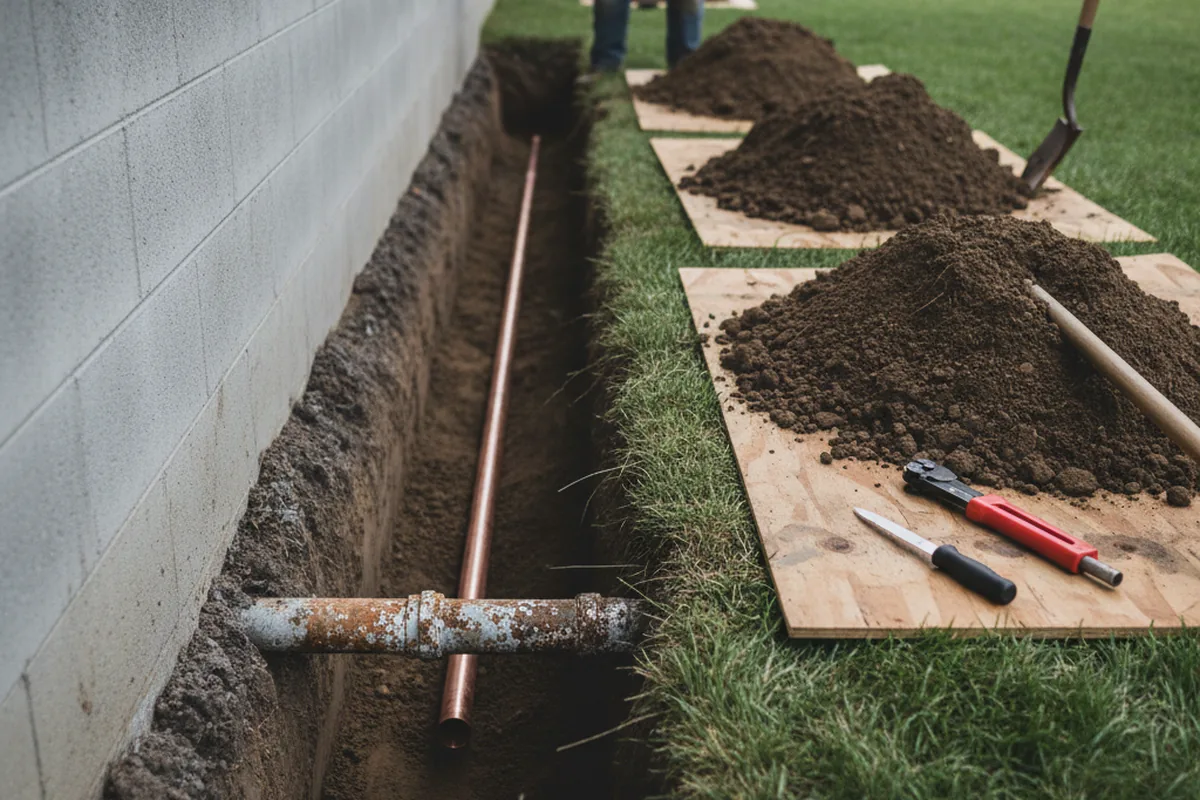 Excavated water line trench during Sewer Line Repair in Inwood